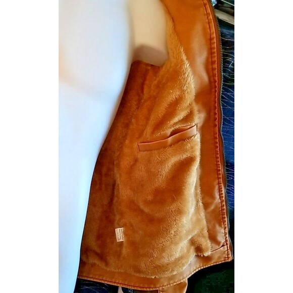 David Outerwear Brown Bomber Jacket Faux Leather L Pockets faux fur lined Men's - Picture 7 of 12